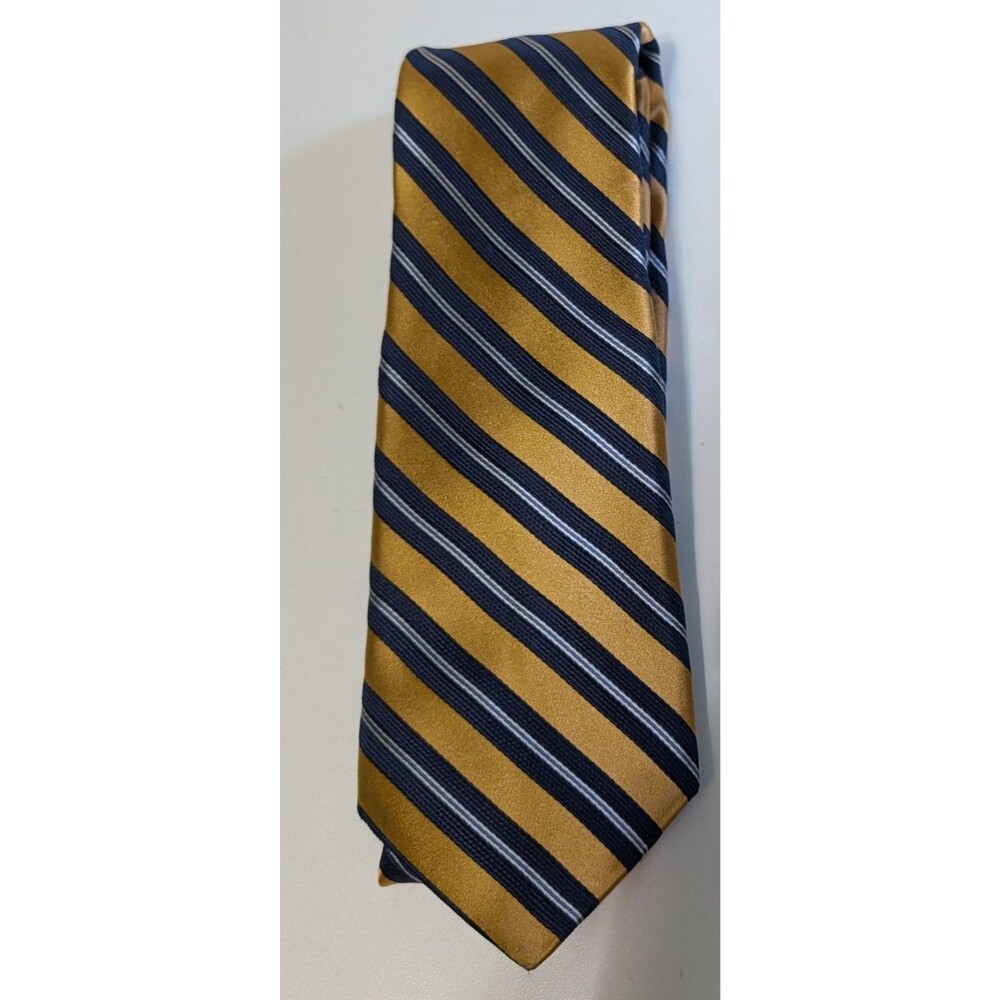 HSM Hart Schaffner Marx Tie Gold Blue Stripe Tie - Made in the USA (146)